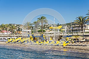 Rows of empty beach lounges in Juan les Pins, France