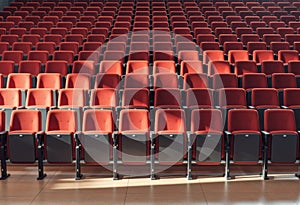 Rows of empty red chairs in a modern auditorium setting