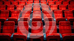 Rows of empty red seats in a theater, arranged neatly, awaiting audience. Dramatic lighting emphasizes texture and