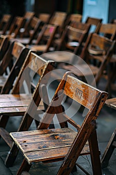 Rows of Empty Wooden Chairs at an Outdoor Event