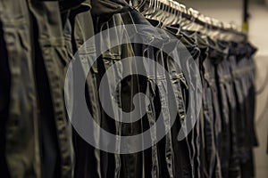 rows of finished denim jackets hanging before dispatch