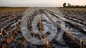 Rows of a flooded field at sunset, the wet soil reflecting the last light of day, hinting at the challenges and resilience of photo