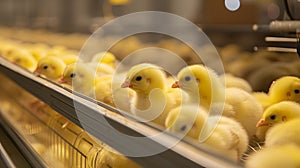 Rows of fluffy chicks at a poultry farm, a glimpse into agricultural life