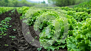 Rows of fresh lettuce plants on a fertile field, AI Generative