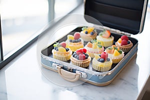 rows of fruit tarts in a carryon suitcase