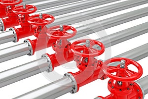 Rows of Gas Pipelines with Valves. 3d Rendering