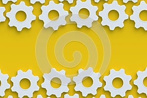 Rows of gears on yellow background. Engineering technology. Mechanism development. Industrial progress