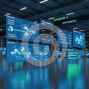 Futuristic digital data displays showcasing complex information and analytics in a modern high tech environment