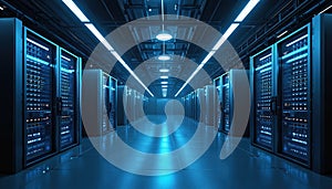 Rows of glowing blue server racks in a modern data center. Computer hardware filled with blinking lights in a server room. High