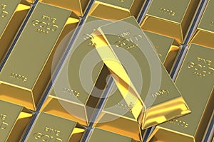 Rows of gold bars. Gold reserve. Value in the financial market. International price