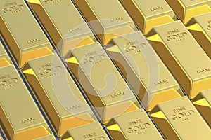 Rows of gold bars. Gold reserve. Value in the financial market. International price