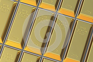 Rows of gold bars. Gold reserve. Value in the financial market. International price