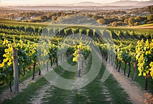 Rows of grapevines stretch into the distance in the vineyard, bathed in the warm glow of the setting sun, creating a