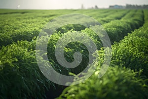 Rows of green crops with selective focus at summer day light, neural network generated image