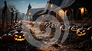 Rows of Halloween carved pumpkins outside an eerie house on Hallows Eve - generative AI