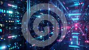 Modern Data Center Servers With Vibrant Blue and Red Lights