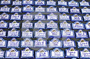 Rows of house name plaques at Spanish market