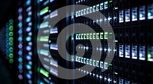 Rows of illuminated server racks in a dark data center, representing technology and connectivity