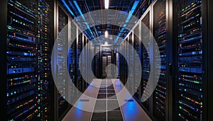 Data center interior featuring illuminated server racks and network equipment at night