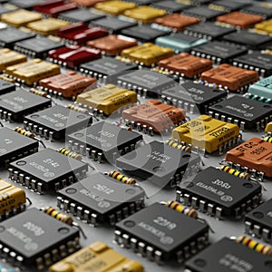 Rows of integrated circuits (ICs) and resistors are arranged on a surface. The ICs,