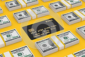 Rows of Isometric Stack One Hundred Dollar Bills with Black Plastic Golden Credit Card with Chip. 3d Rendering