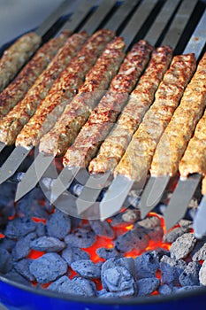 Rows of juicy beef kebab