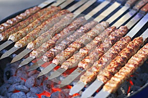 Rows of juicy beef kebab