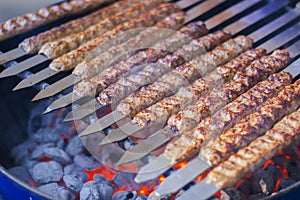 Rows of juicy beef kebab