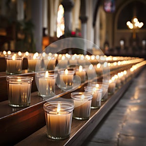 rows of lit prayer candles in church
