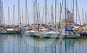 Rows of luxury yachts in Duquesa port in Spain on the Costa del