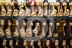 Rows of mannequins ina wig shop photo