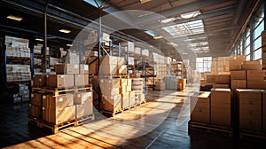 Rows of material boxes or product boxes in warehouse area, Modern warehouse or industrial shelves with cardboard boxes