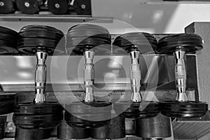 Rows of metal dumbbells on rack in the gym / sport club. Weight Training Equipment.