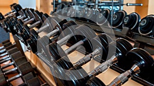 Rows of metal dumbbells on rack in the gym / sport club. Weight Training Equipment.