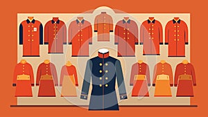 Rows of meticulously arranged vintage uniforms line the walls each accompanied by a brief history of its origins