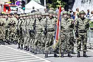 Rows of military troop marching on streets during sunny summer day