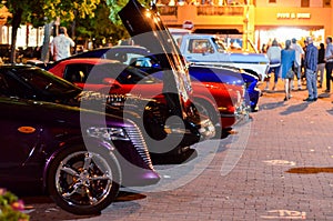 Rows of modern to Classic cars ring the plaza in Santa Fe New Mexico