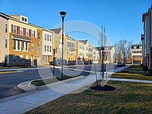 rows of modern townhouses in the suburb of Leesburg, Virginia