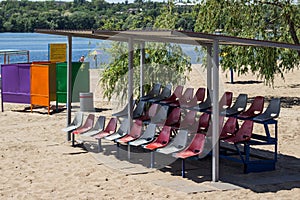 Rows of multi-colored beach volleyball tribune seats