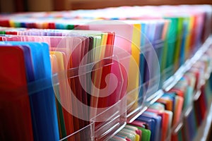 rows of multi-colored files containing lesson plans