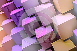 The rows of multicolored cubes with a shadow are lined diagonally. Red, pink, magenta