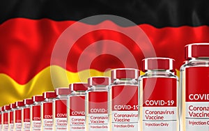 Rows of multiple Covid-19 vaccine vials with flag of Germany in background. Mass production and inoculation concept. 3d rendering