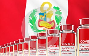 Rows of multiple Covid-19 vaccine vials with flag of Peru in background. Mass production and inoculation concept. 3d rendering