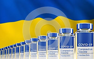 Rows of multiple Covid-19 vaccine vials with flag of Ukraine in background. Mass production and inoculation concept. 3d rendering