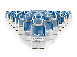 Rows of multiple Covid-19 vaccine vials. Mass production and inoculation concept. 3d rendering