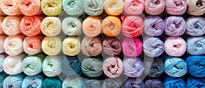 Rows of neatly arranged colorful yarn rolls in bright and pastel shades. photo