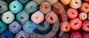 Rows of neatly arranged colorful yarn rolls in bright and pastel shades. photo