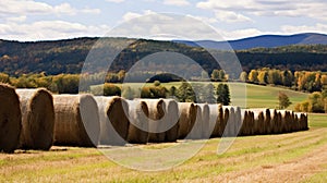 Rows of neatly piled hay bales creating an orderly arrangement