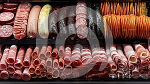 Rows of neatly stacked and sliced meat s including sausages bacon and ham displayed in a spotless refrigerated display