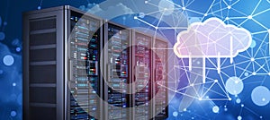 Rows of Network Server Racks with Cloud Computing Shape, Data Processing, Hosting Technology